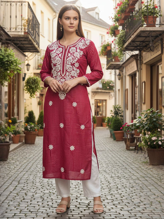 Indo Era Maroon Embroidered Straight Kurta