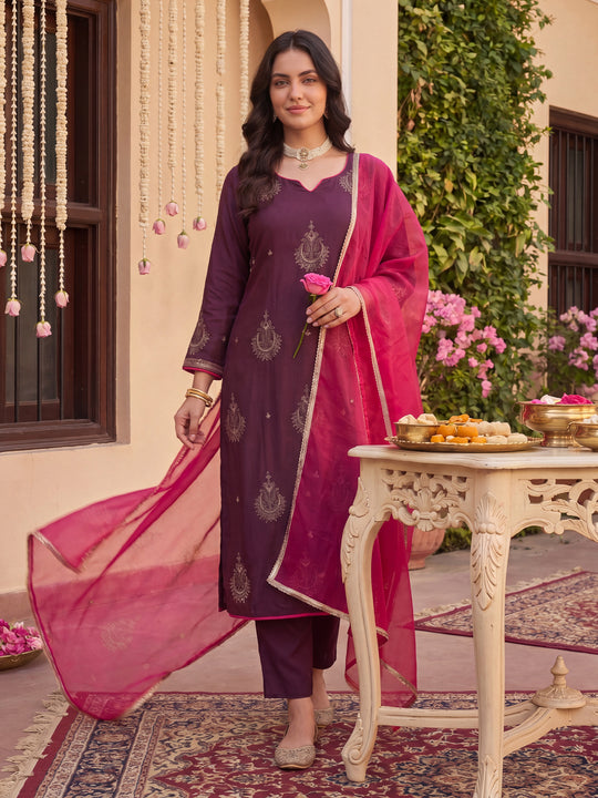 Indo Era Purple Embroidered A-Line Kurta Trousers With Dupatta set