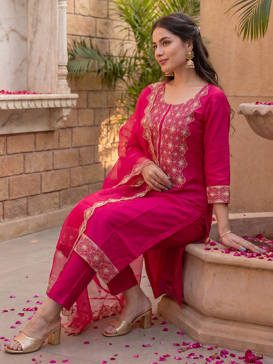 Indo Era Pink Embroidered Straight Kurta Trousers With Dupatta Set