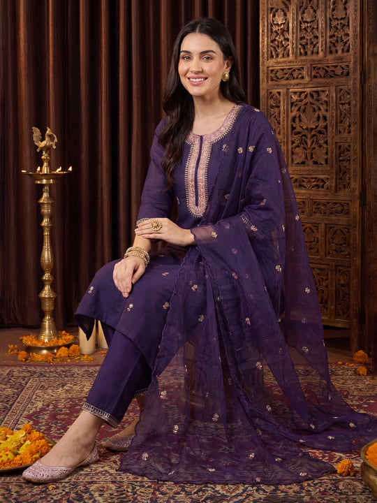 Indo Era Purple Embroidered Straight Kurta Trousers With Dupatta Set