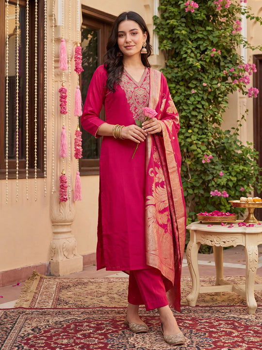 Indo Era Pink Embroidered Straight Kurta Trousers With Dupatta set