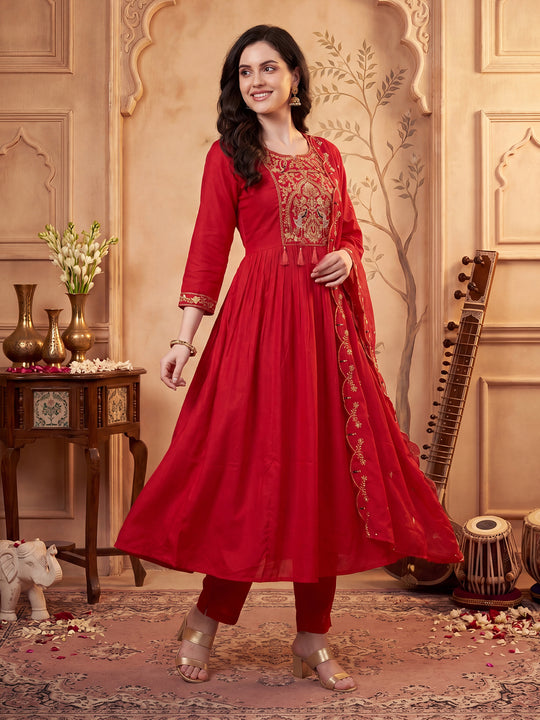 Indo Era Red Embroidered A-Line Kurta Trousers With Dupatta Set