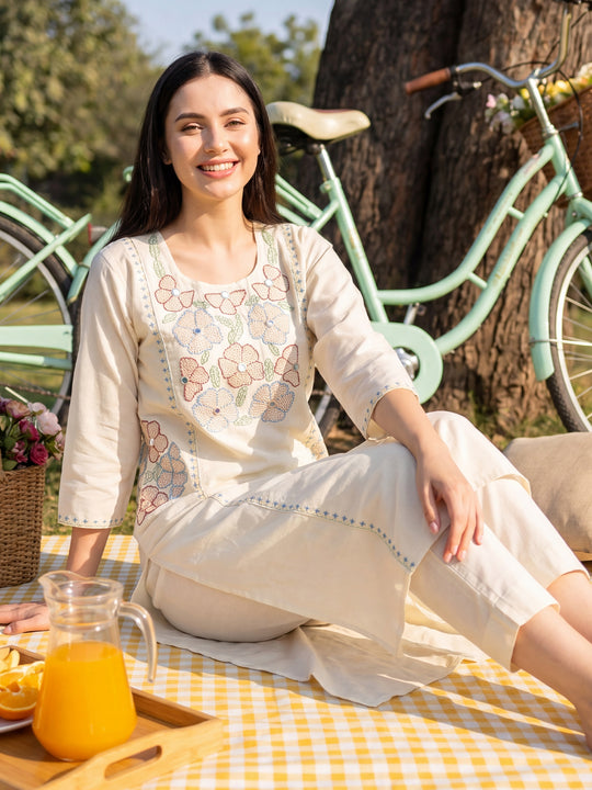 Indo Era White Embroidered Straight Kurta Trousers Set