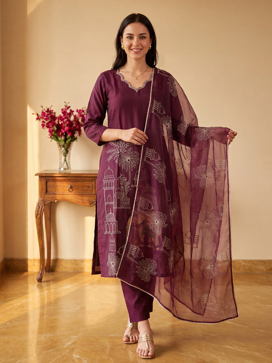 Indo Era Burgundy Embroidered Straight Kurta Trousers With Dupatta Set