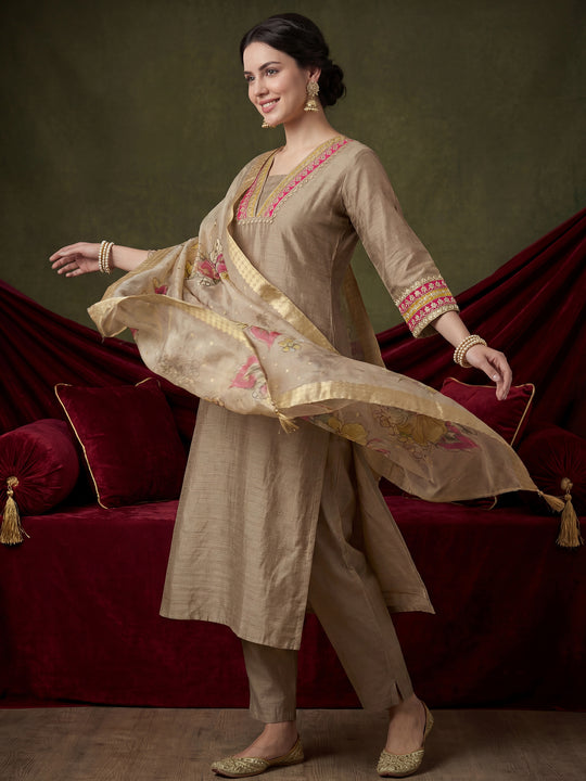 Indo Era Beige Embroidered Straight Kurta Trousers With Dupatta Set
