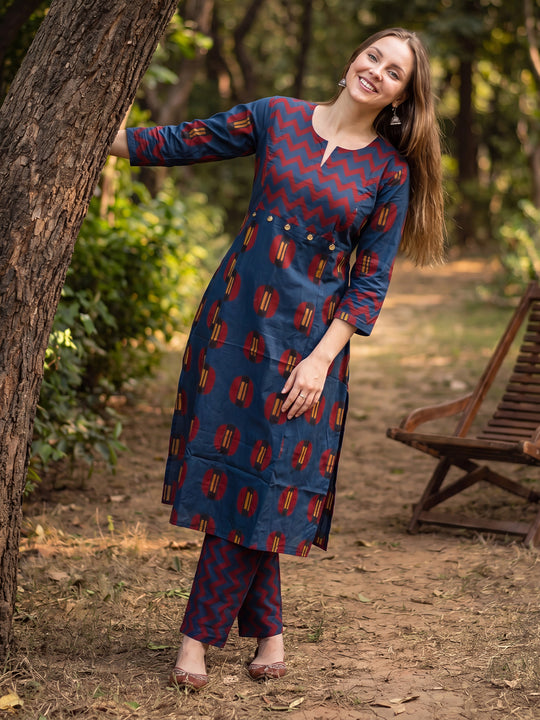 Indo Era Blue Printed A-Line Kurta Trousers Set