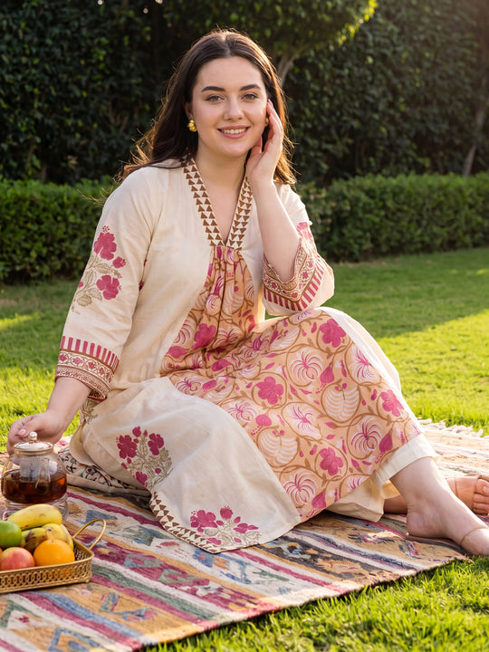 Indo Era Off White Printed A-Line Kurta Trousers Set