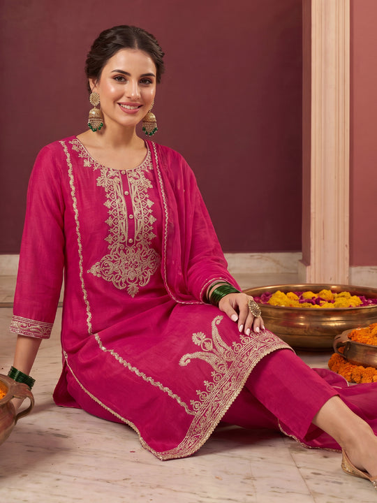 Indo Era Magenta Embroidered Straight Kurta Trousers With Dupatta Set