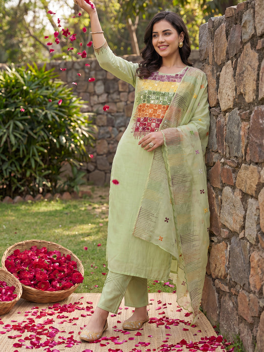Indo Era Green Embroidered Straight Kurta Trousers With Dupatta Set