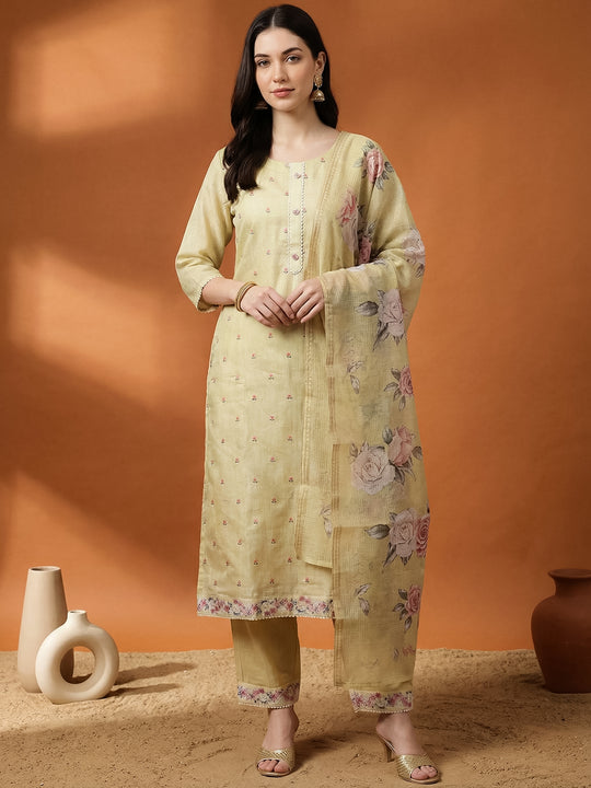 Indo Era Yellow Embroidered Straight Kurta Trousers With Dupatta Set