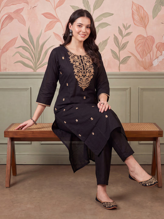 Indo Era Black Embroidered Straight Kurta Trousers Set