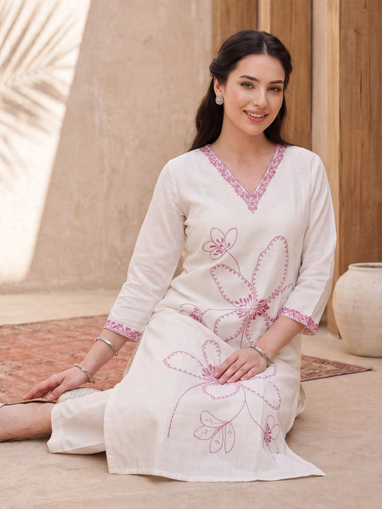 Indo Era White Embroidered Straight Kurta Trousers Set