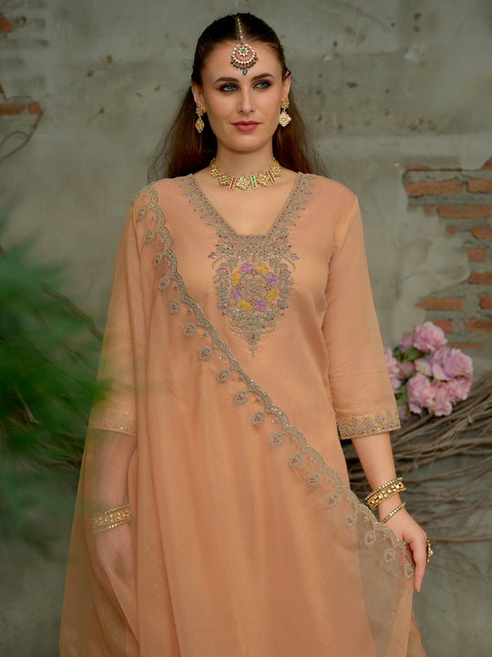 Peach Embroidered Straight Silk Blend Suit Set With Dupatta