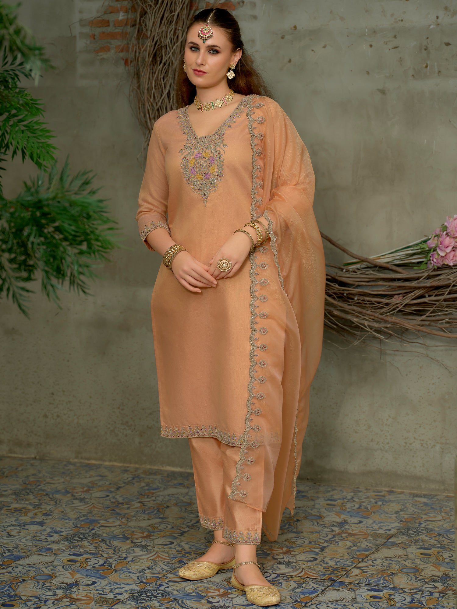 Peach Embroidered Straight Silk Blend Suit Set With Dupatta
