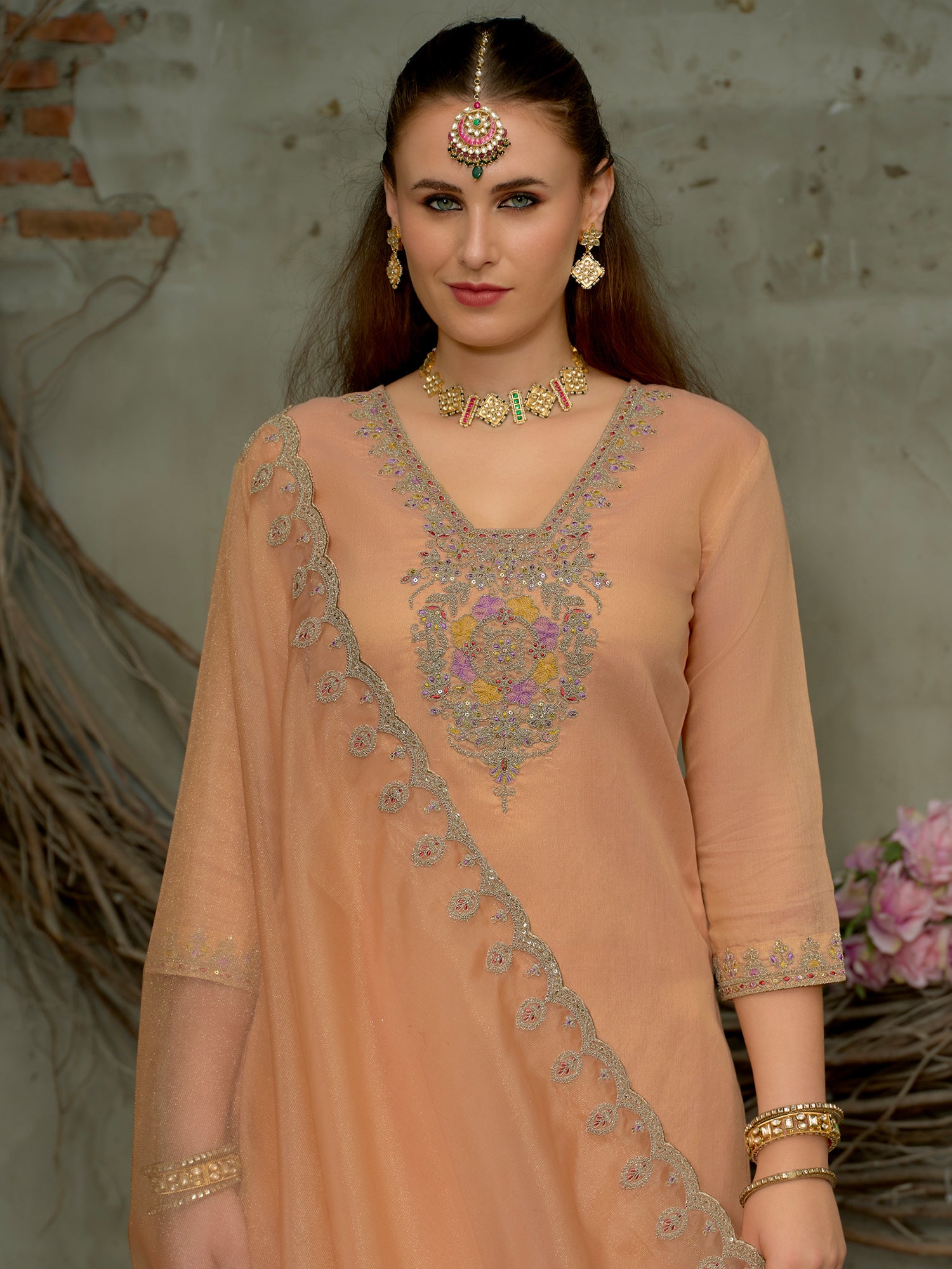 Peach Embroidered Straight Silk Blend Suit Set With Dupatta