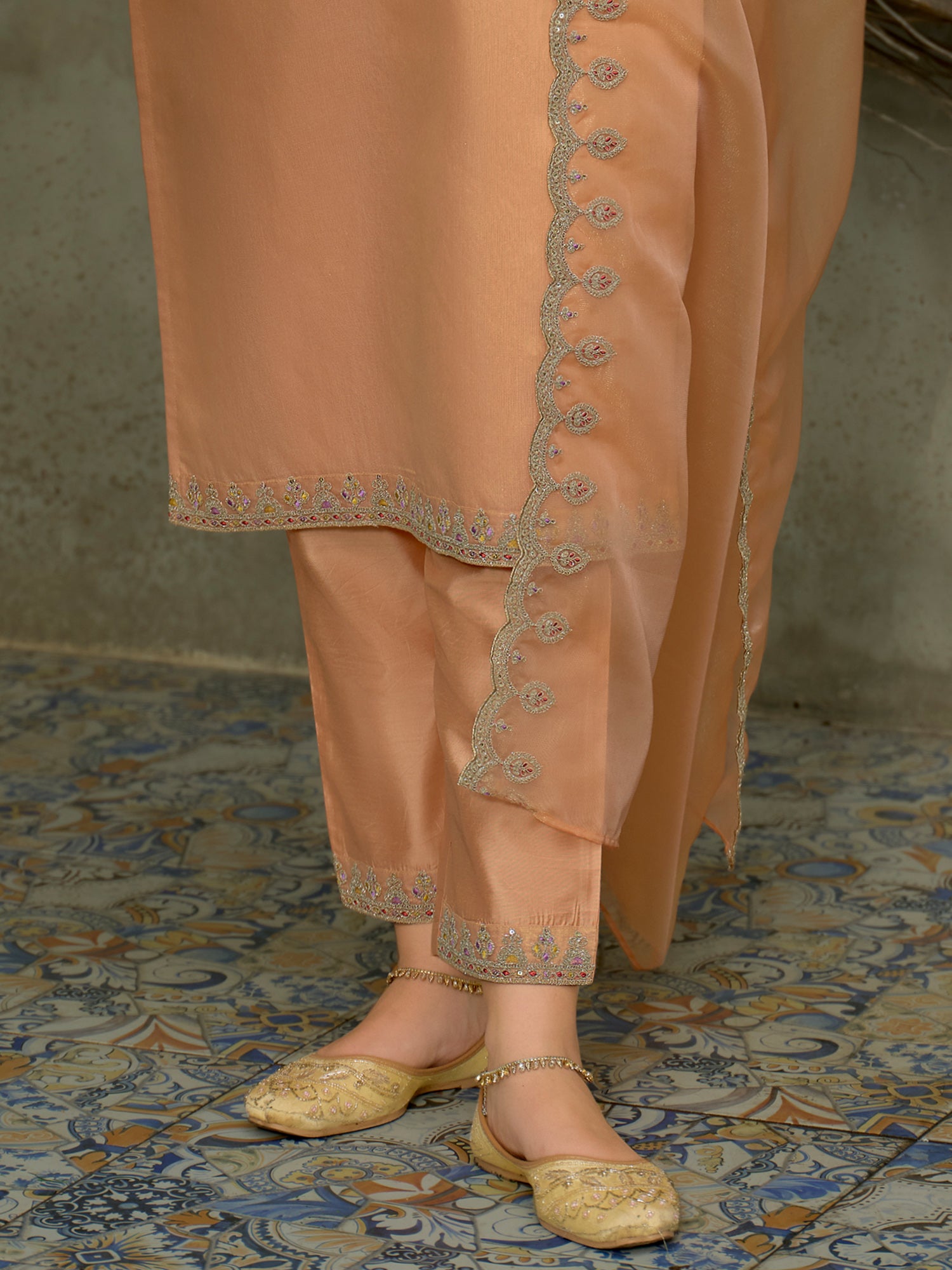 Peach Embroidered Straight Silk Blend Suit Set With Dupatta