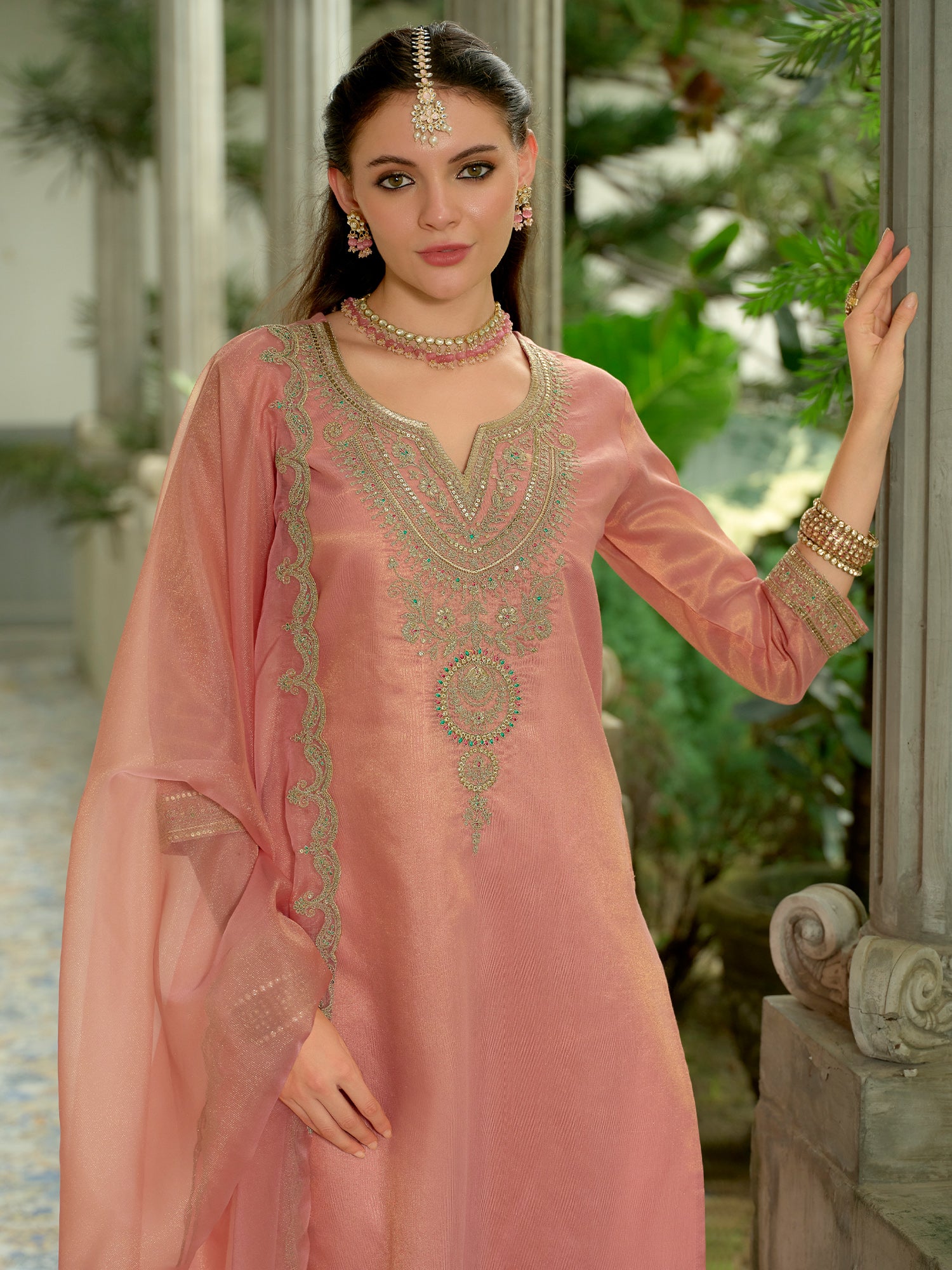 Orange Embroidered Straight Silk Blend Suit Set With Dupatta