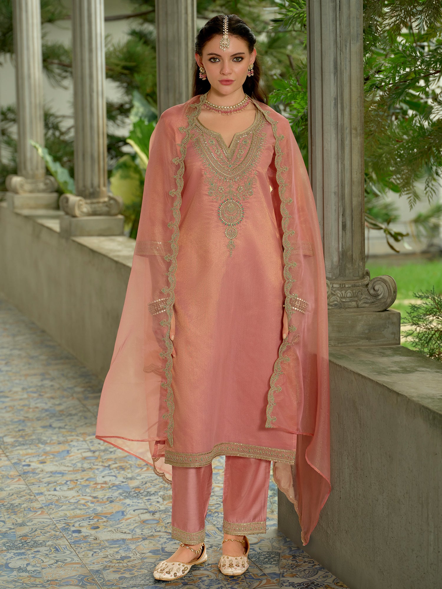Orange Embroidered Straight Silk Blend Suit Set With Dupatta