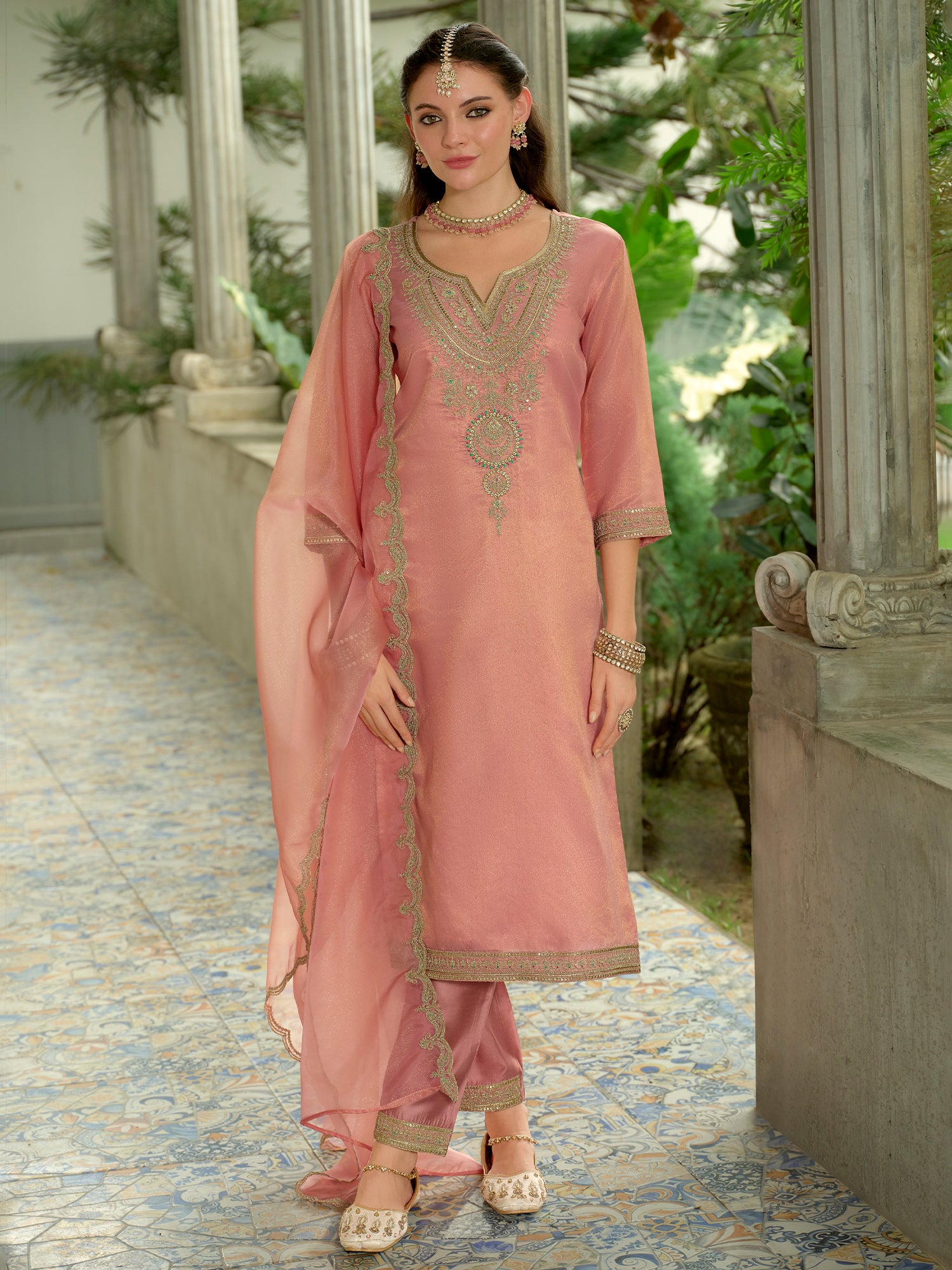 Orange Embroidered Straight Silk Blend Suit Set With Dupatta