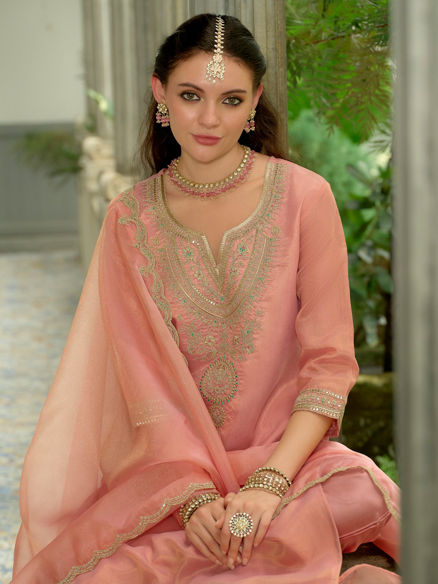 Orange Embroidered Straight Silk Blend Suit Set With Dupatta