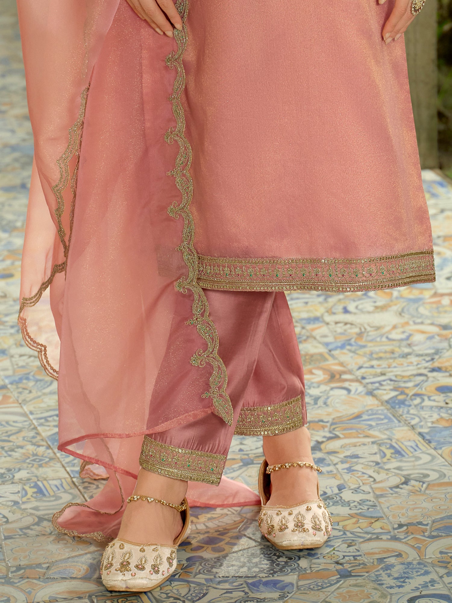 Orange Embroidered Straight Silk Blend Suit Set With Dupatta