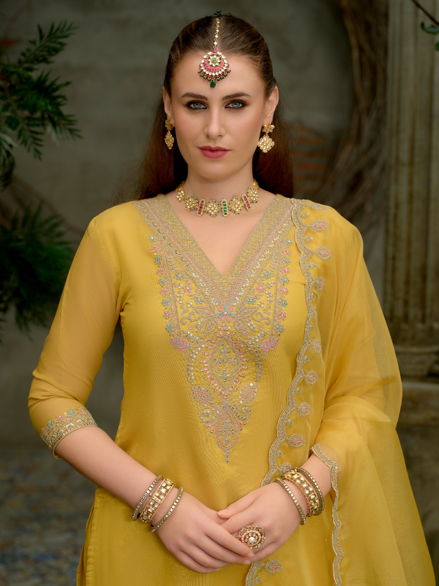 Yellow Embroidered Straight Silk Blend Suit Set With Dupatta