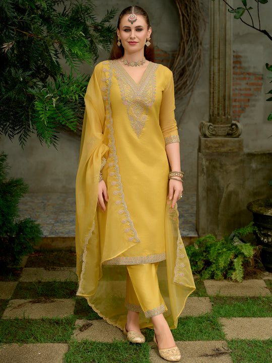 Yellow Embroidered Straight Silk Blend Suit Set With Dupatta