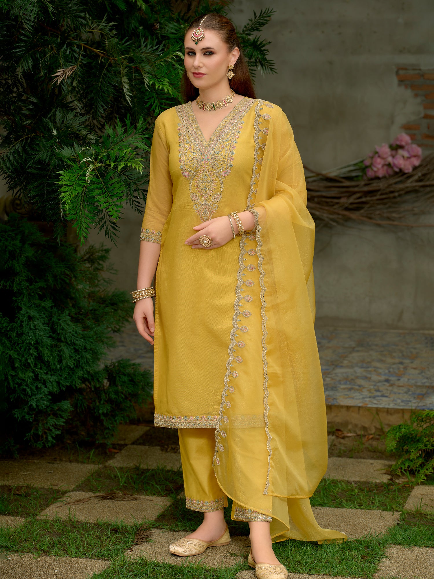 Yellow Embroidered Straight Silk Blend Suit Set With Dupatta
