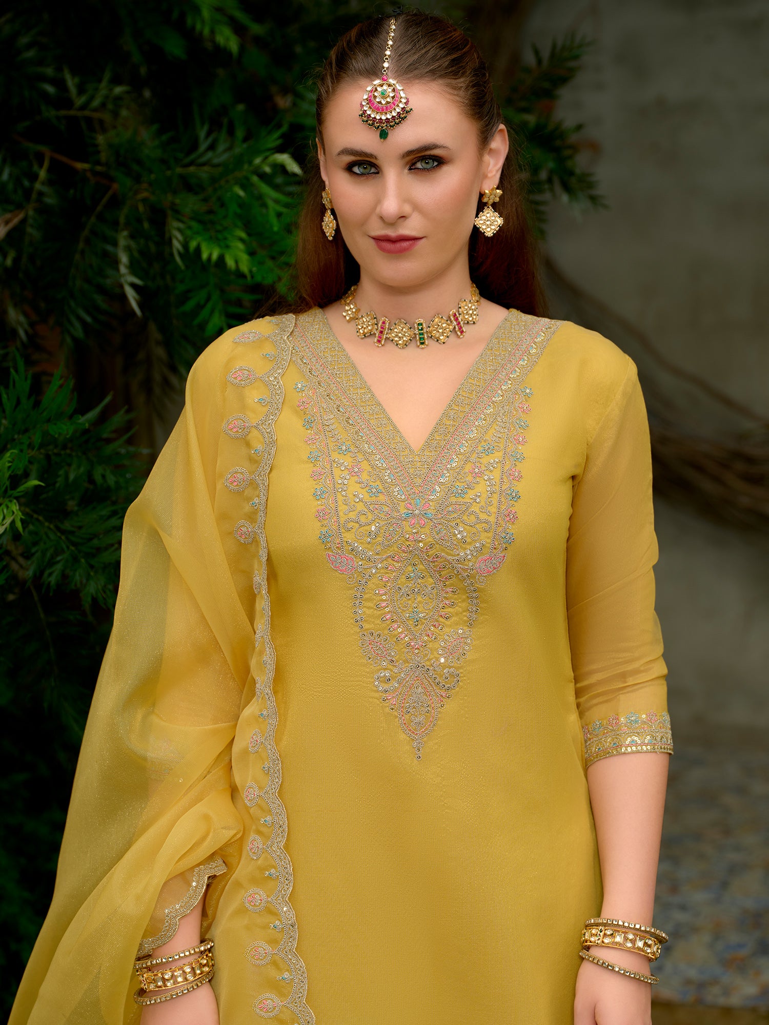 Yellow Embroidered Straight Silk Blend Suit Set With Dupatta