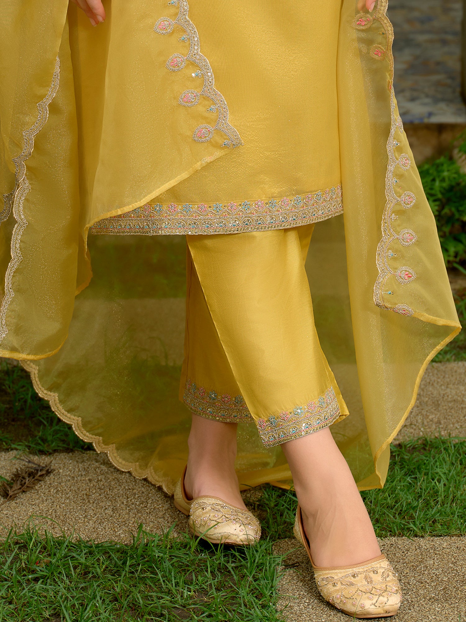 Yellow Embroidered Straight Silk Blend Suit Set With Dupatta