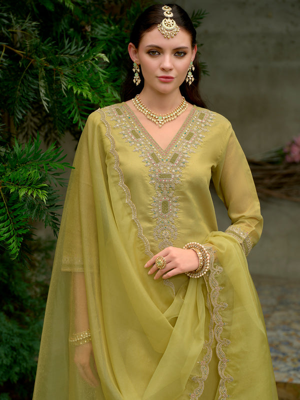 Green Embroidered Straight Silk Blend Suit Set With Dupatta