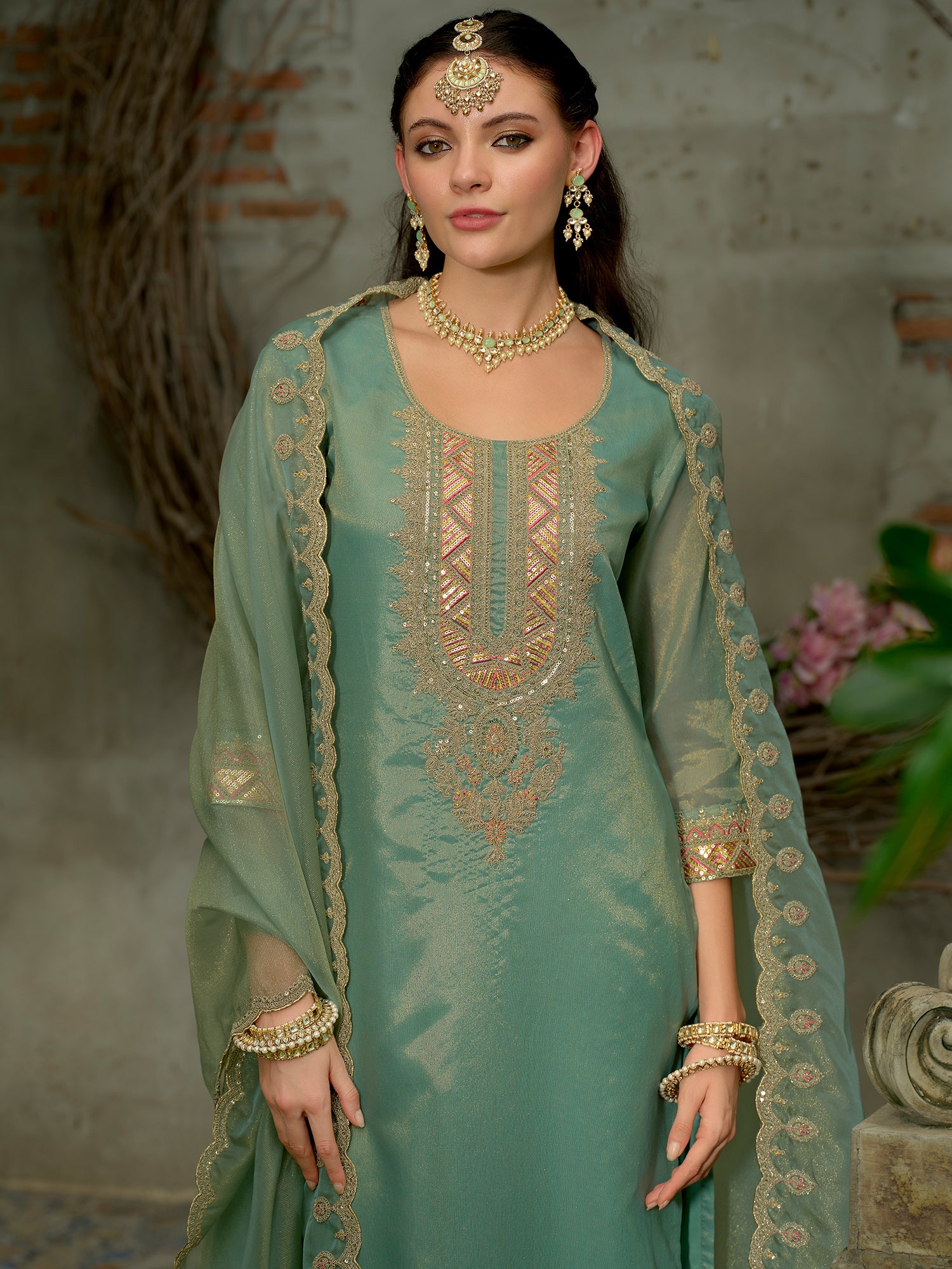 Blue Embroidered Straight Silk Blend Suit Set With Dupatta