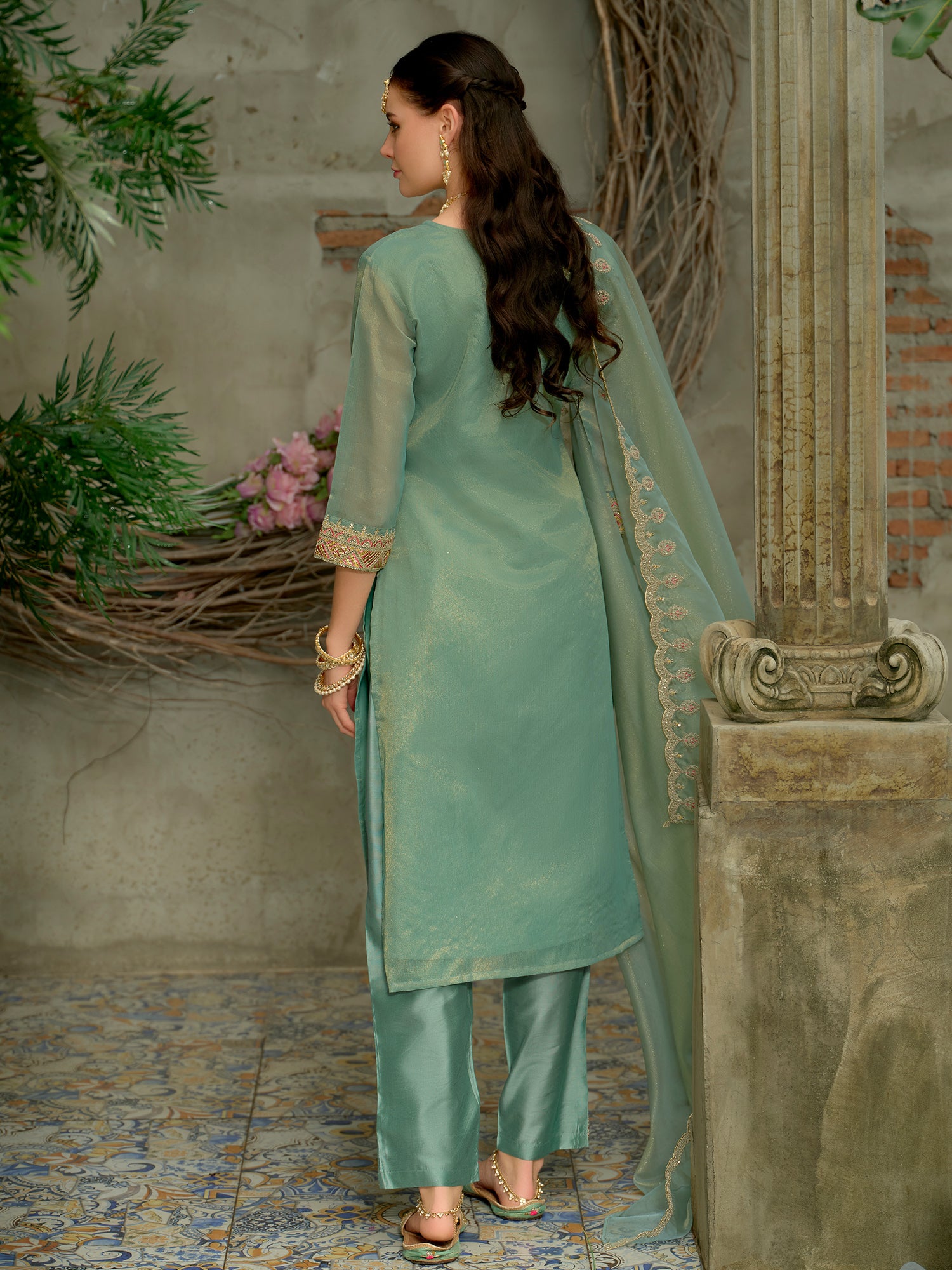 Blue Embroidered Straight Silk Blend Suit Set With Dupatta
