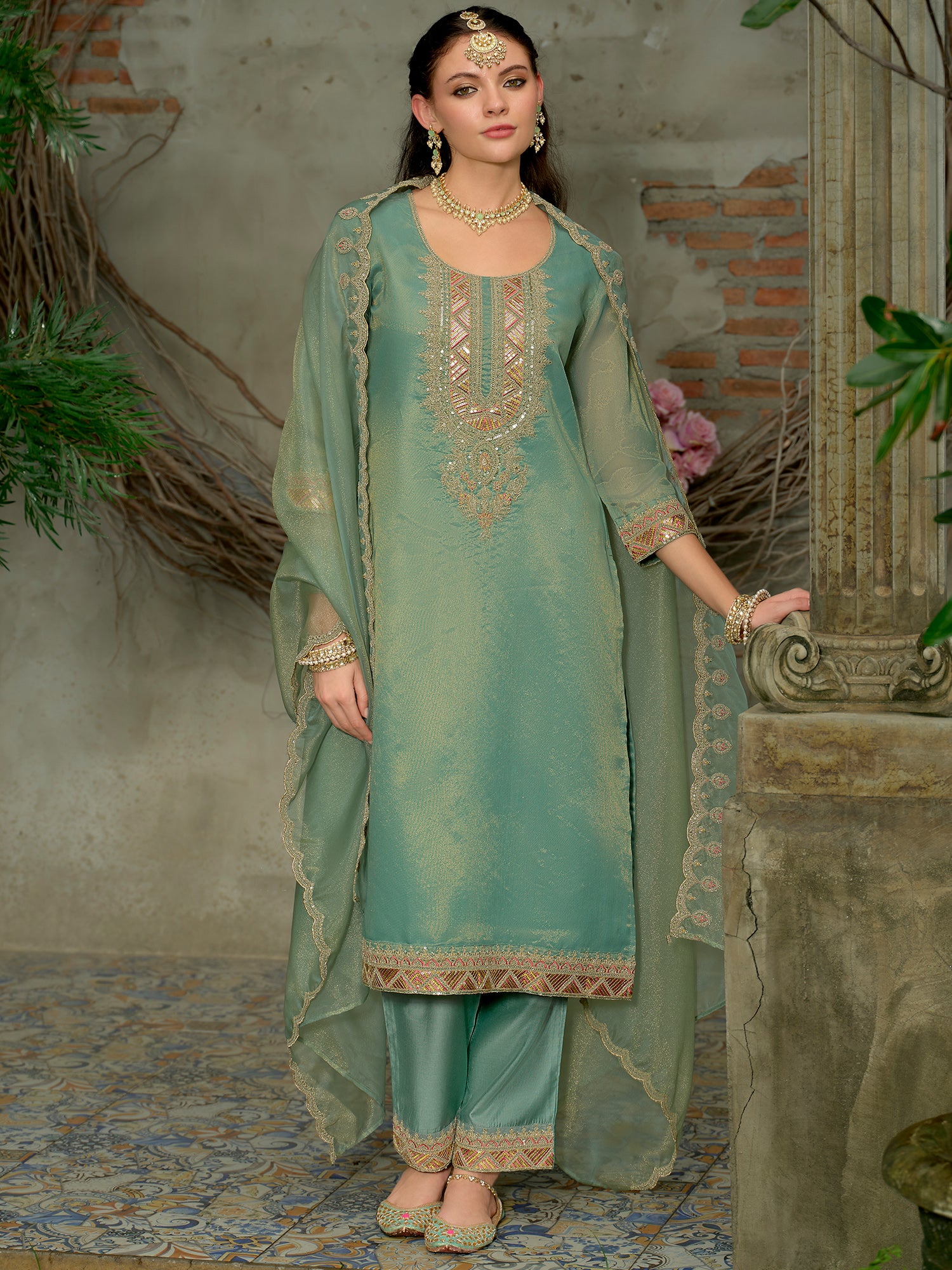 Blue Embroidered Straight Silk Blend Suit Set With Dupatta