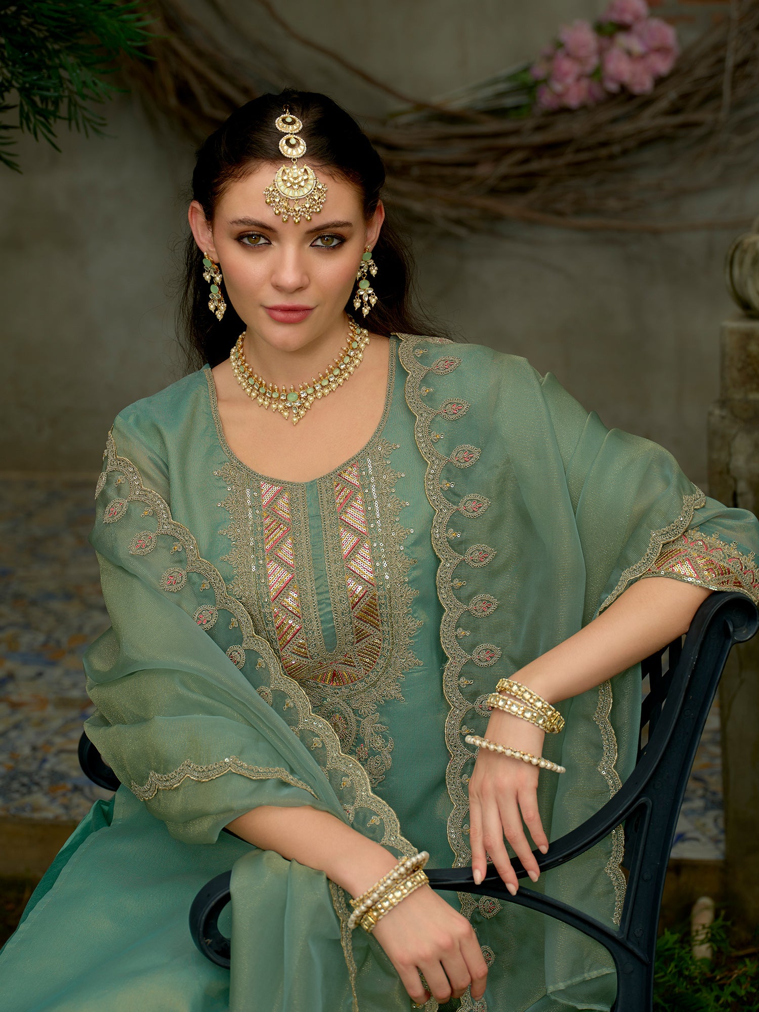 Blue Embroidered Straight Silk Blend Suit Set With Dupatta