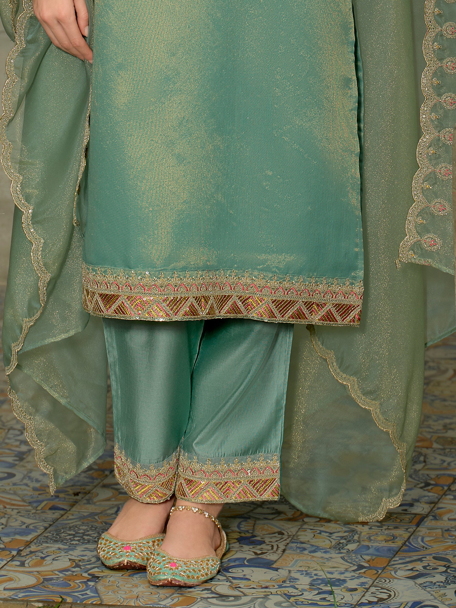 Blue Embroidered Straight Silk Blend Suit Set With Dupatta