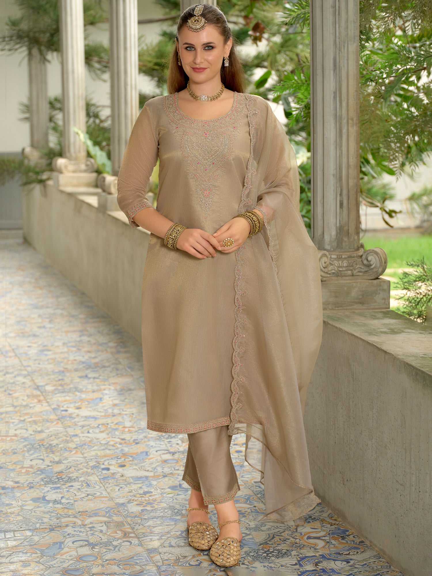 Brown Embroidered Straight Silk Blend Suit Set With Dupatta
