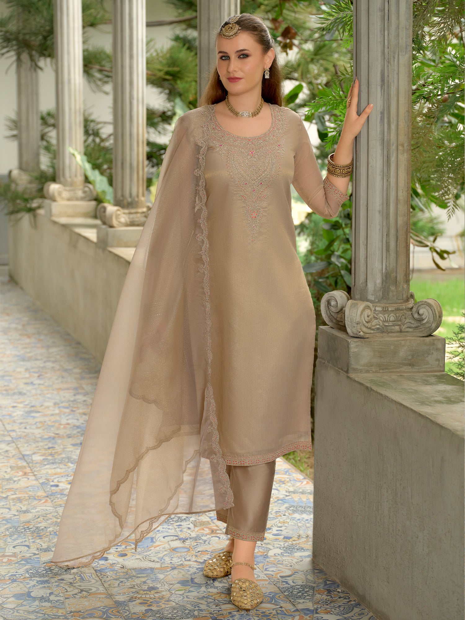 Brown Embroidered Straight Silk Blend Suit Set With Dupatta