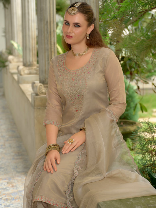 Brown Embroidered Straight Silk Blend Suit Set With Dupatta