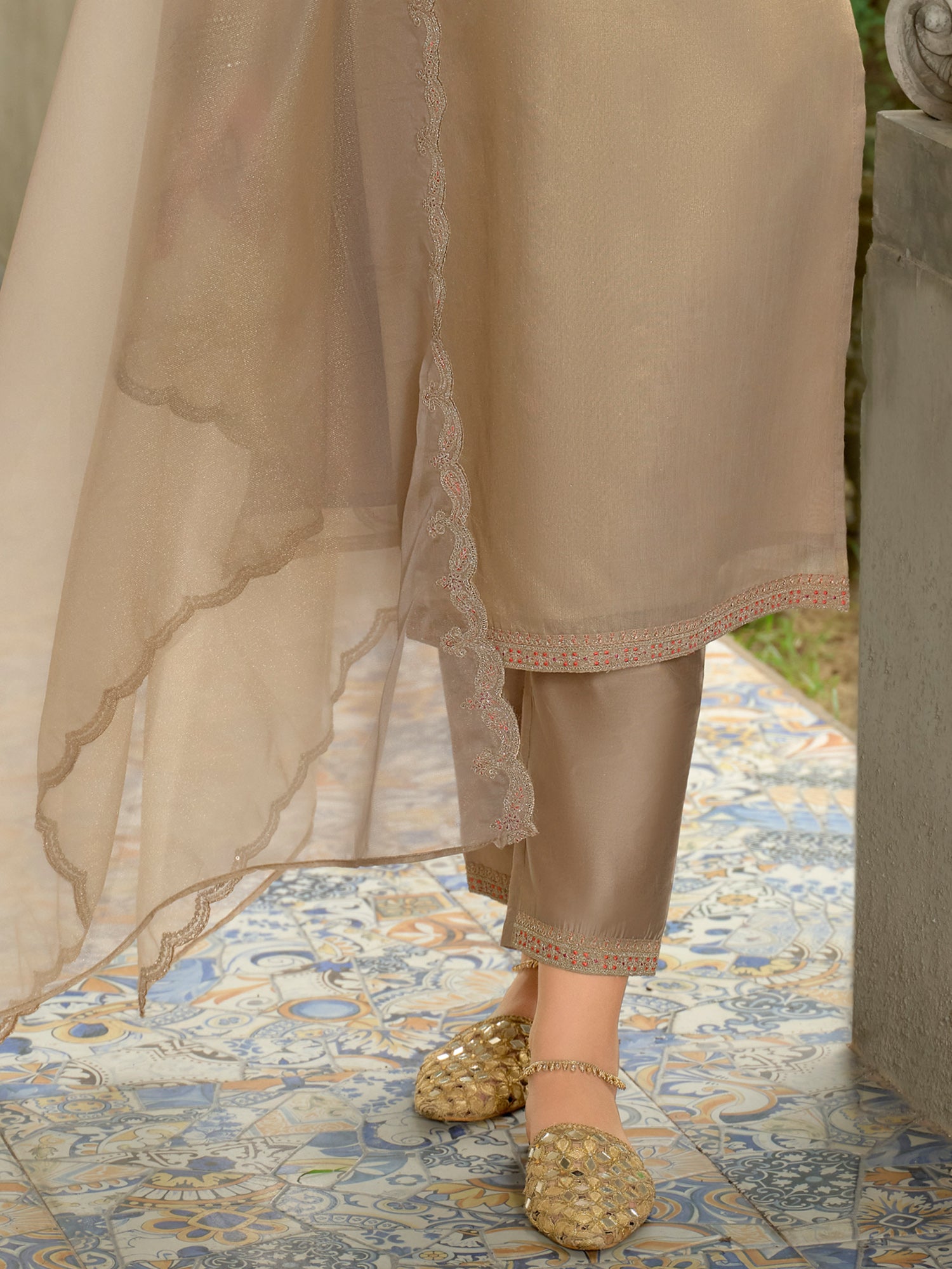 Brown Embroidered Straight Silk Blend Suit Set With Dupatta