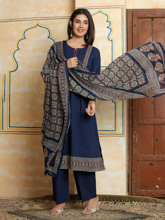 Indo Era Blue Printed A-Line Kurta Trousers With Dupatta Set