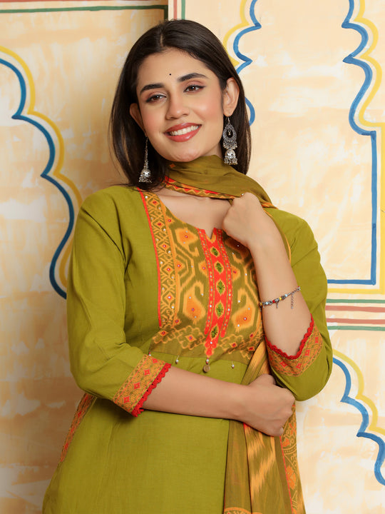 Indo Era Green Printed A-Line Kurta Trousers With Dupatta Set