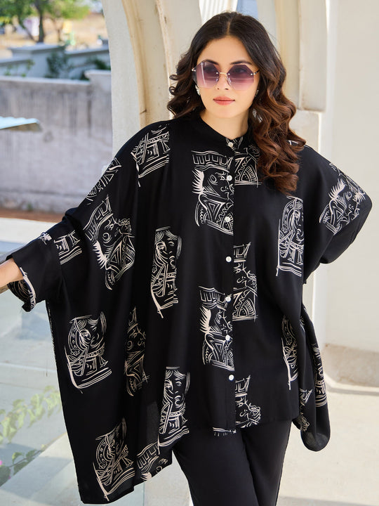 Black Printed Viscose Rayon Kaftan Kurta Trouser Set