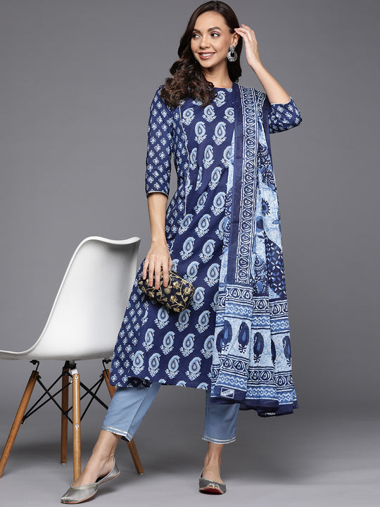 Indo Era Blue Printed A-line Kurta Trouser With Dupatta Set