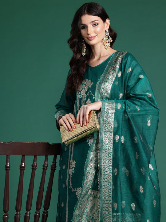 Indo Era Teal Woven Design Straight Kurta Trousers With Dupatta  Set