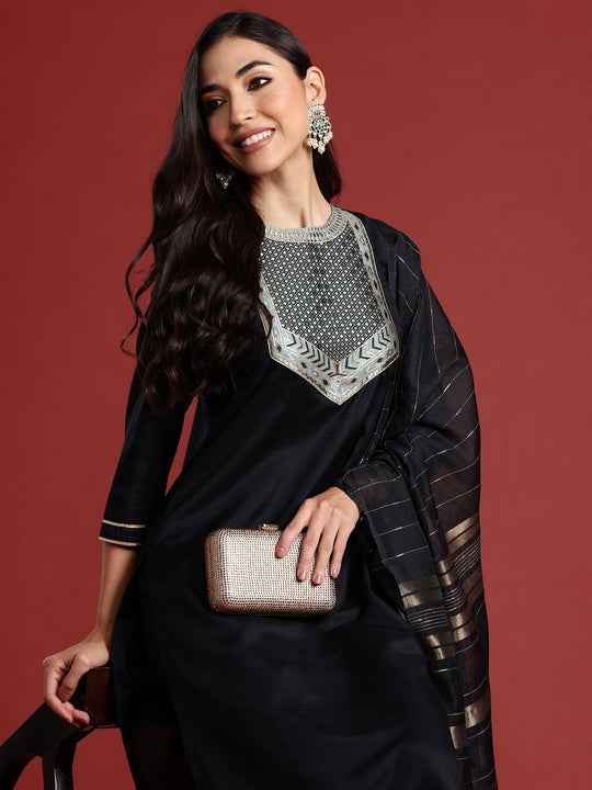 Indo Era Black Self Design Straight Kurta Trousers With Dupatta set