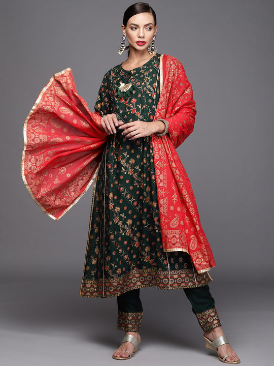 Indo Era Green Printed A-line Kurta Trouser with Dupatta Set