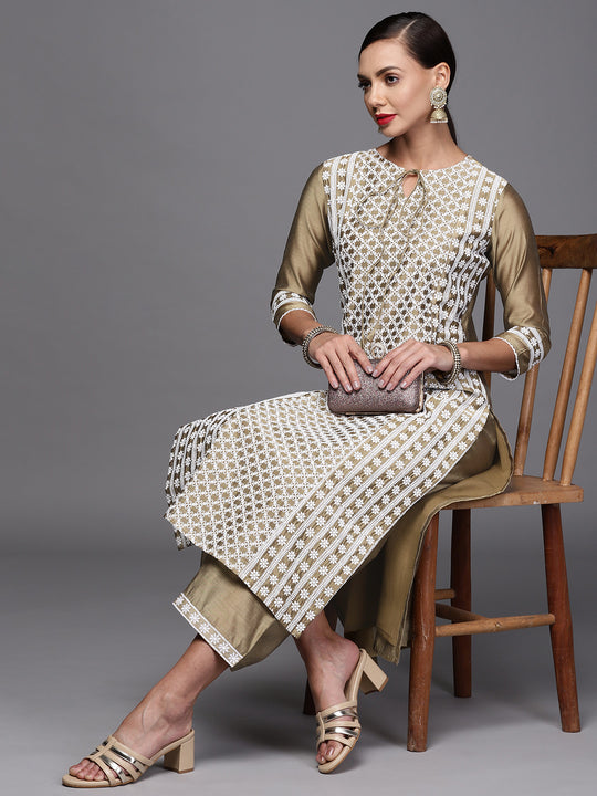 Indo Era Brown Embroidered straight Kurta With Palazzo Set