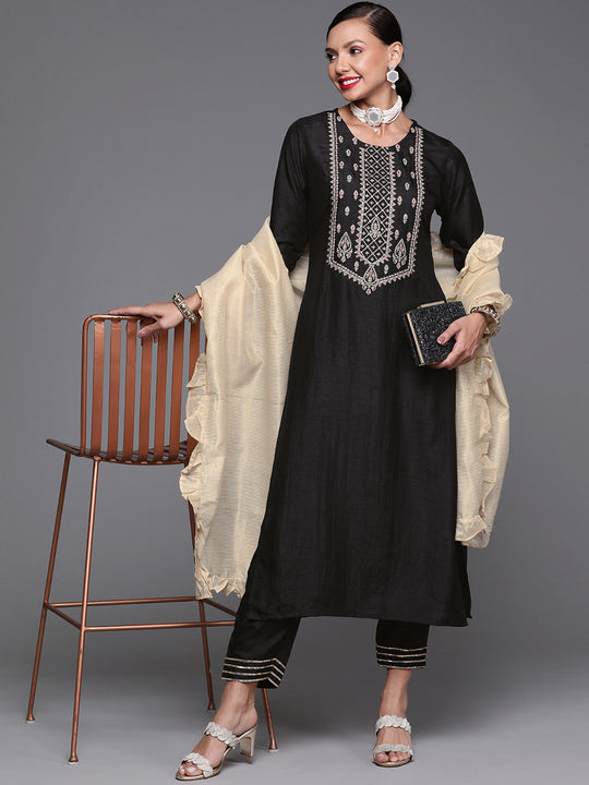 Indo Era Black Embroidred Kurta Trouser With Dupatta Set