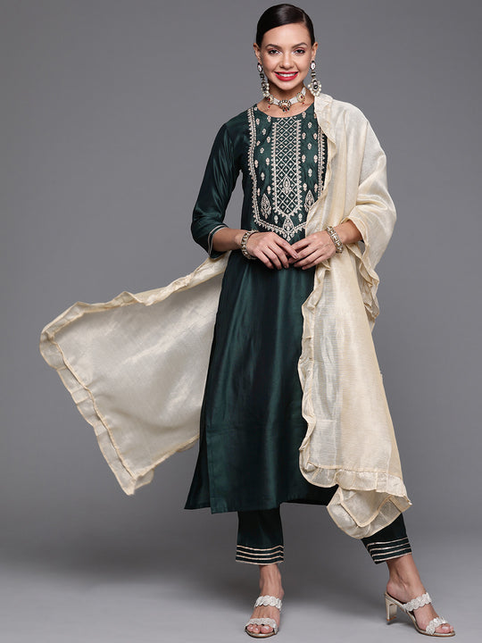 Indo Era Green Embroidred Straight Kurta Trouser With Dupatta Set